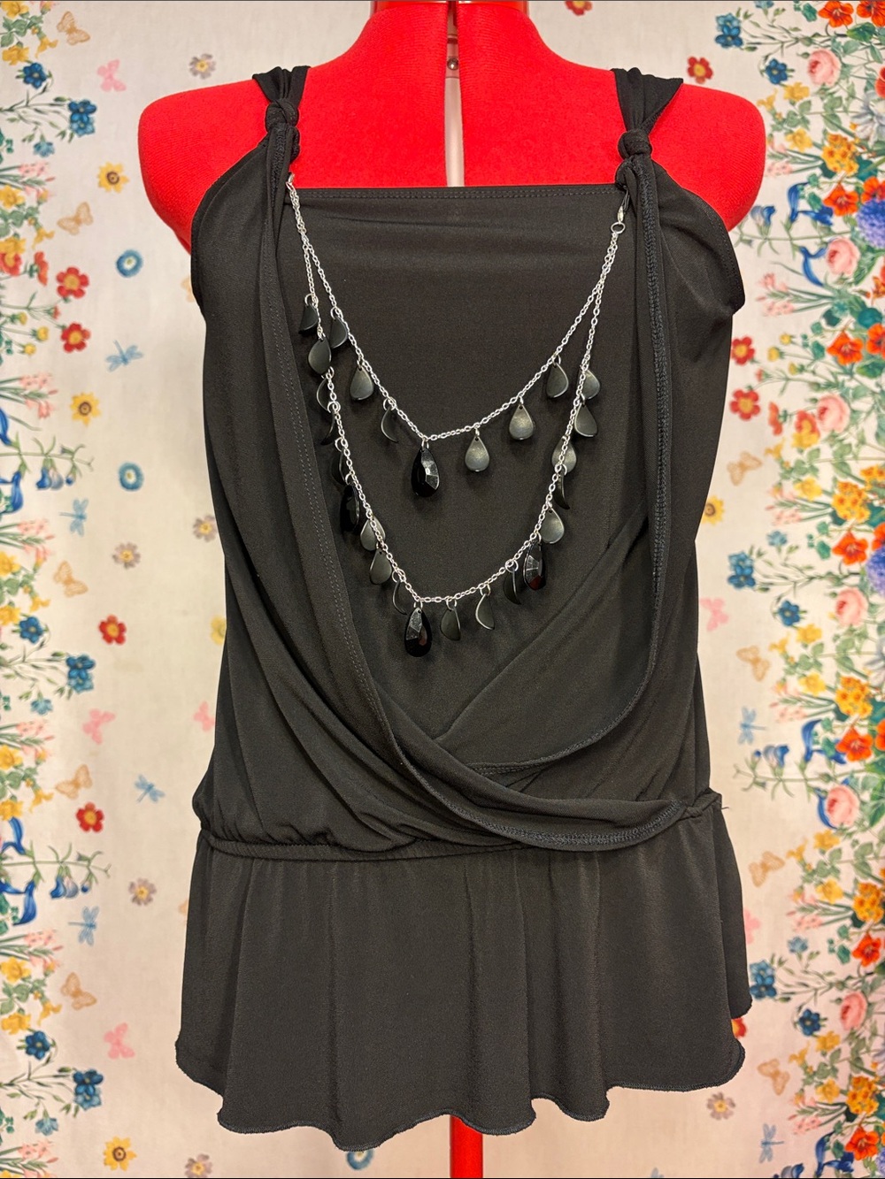 Speechless - Black Knot-Shoulder Tank with Chain Teardrop Accents (Removable)